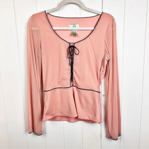 Vintage Peasant Blouse Pink Fairy Coquette Gauzy Lace-up Long Sleeve Top